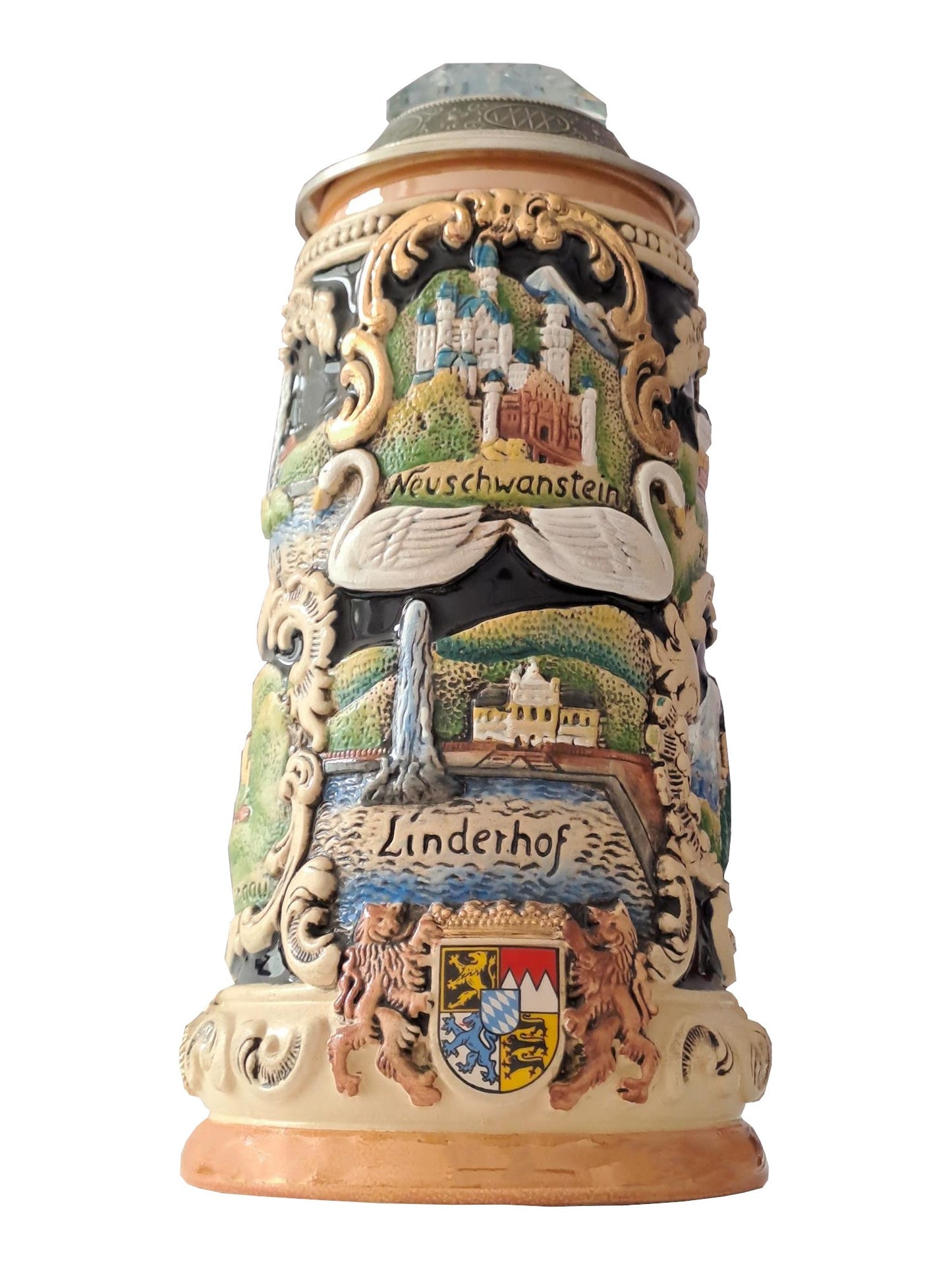 Krug Schloss Neuschwanstein-Nymphenburg-Linderhof Kristallspitzdeckel mit Ludwighenkel 750 ml