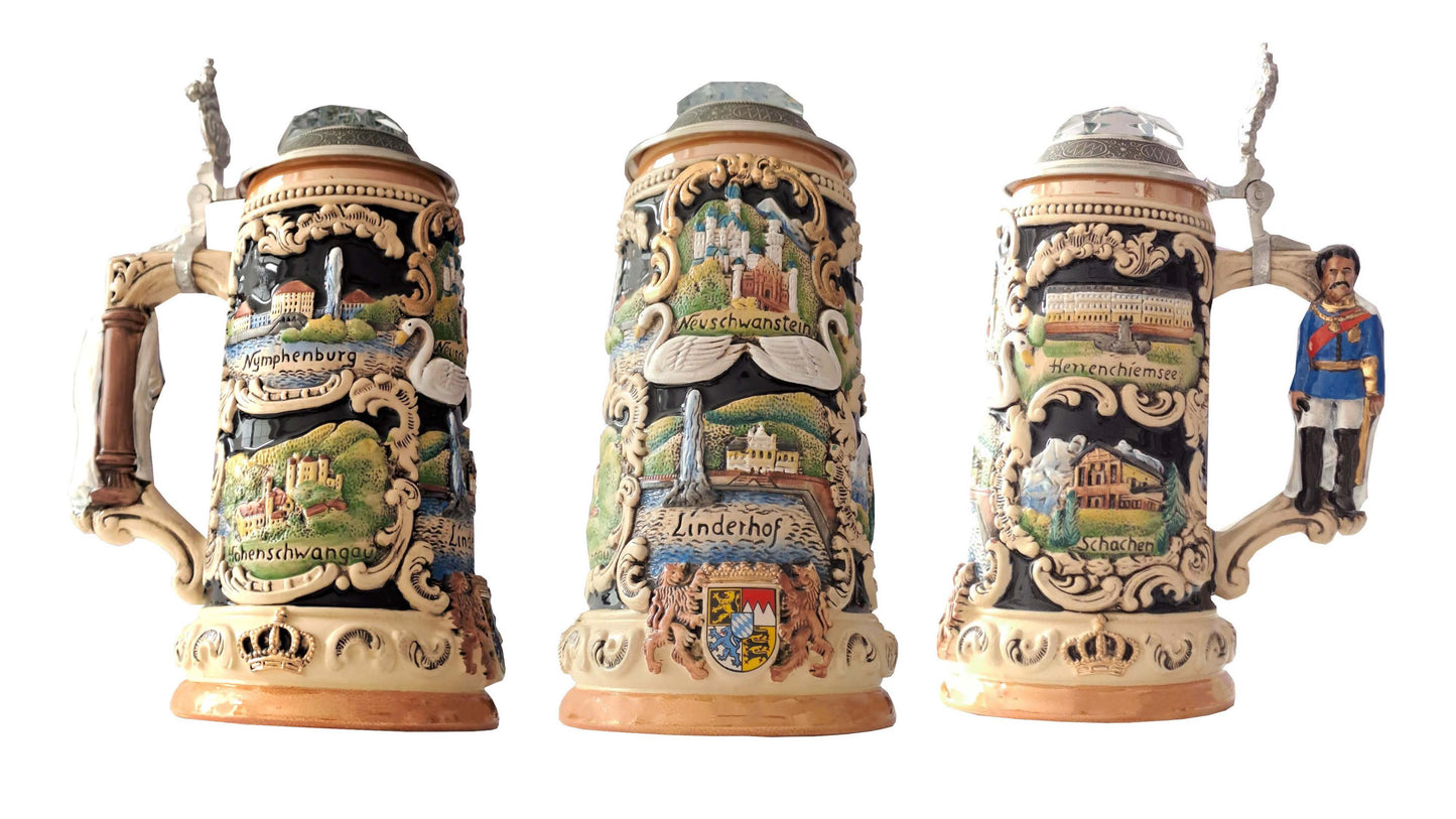 Krug Schloss Neuschwanstein-Nymphenburg-Linderhof Kristallspitzdeckel mit Ludwighenkel 750 ml