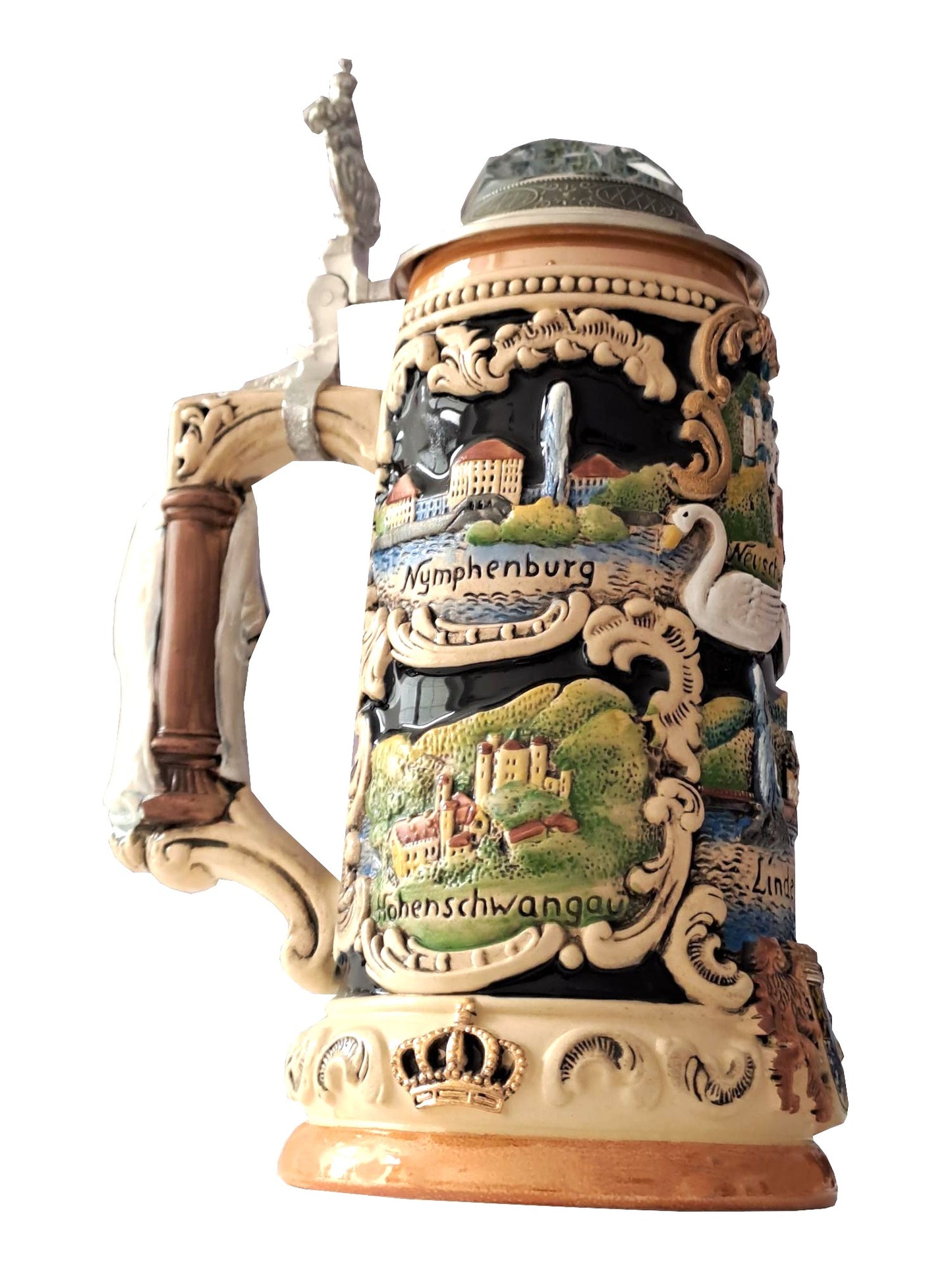 Krug Schloss Neuschwanstein-Nymphenburg-Linderhof Kristallspitzdeckel mit Ludwighenkel 750 ml