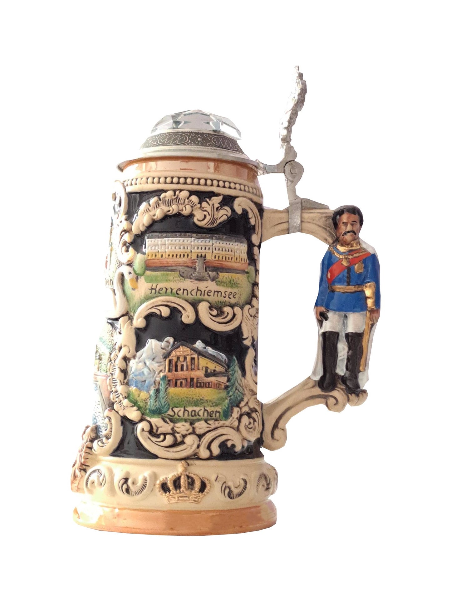 Krug Schloss Neuschwanstein-Nymphenburg-Linderhof Kristallspitzdeckel mit Ludwighenkel 750 ml