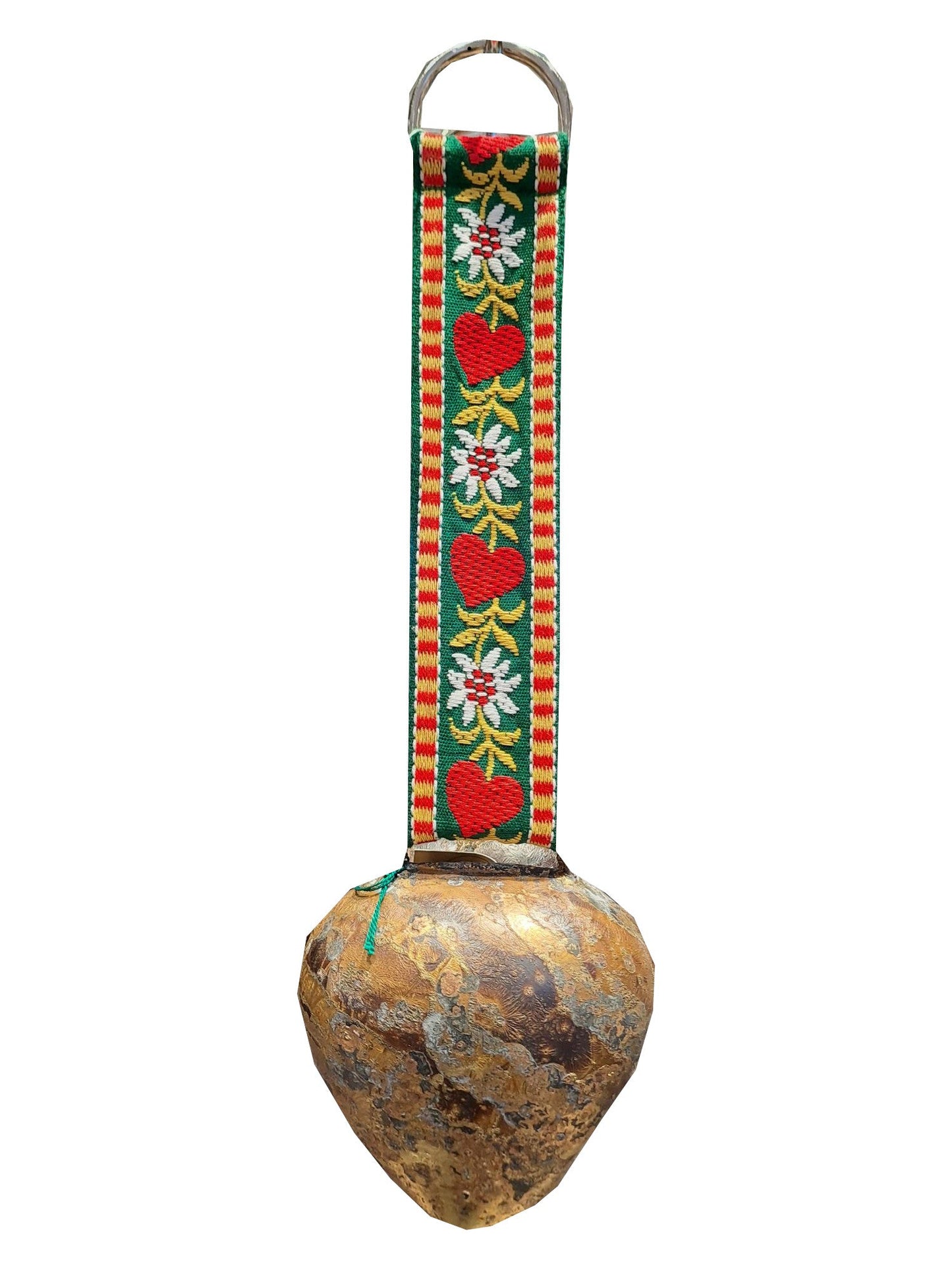 Traditionelle Froschmaulschelle mit Band, Hänger und Edelweiss- sowie Herz-Motiv, handgefertigt im Allgäu – ideales Dekorationsstück und Andenken.