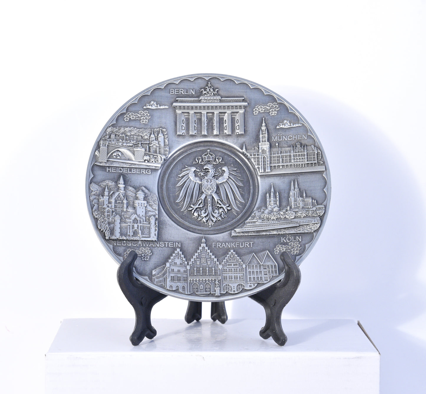 Souvenir Teller Deutschland Silber mit Ständer