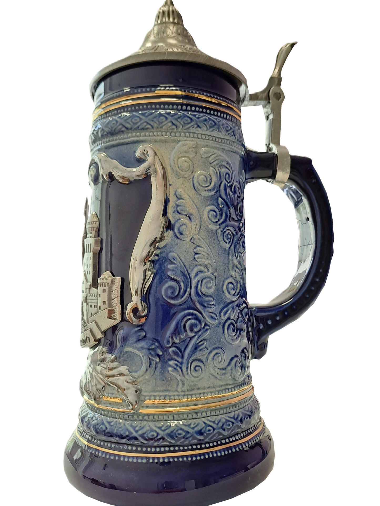 Schloss Neuschwanstein Krug Blau mit Heraldik und Zinndeckel – 500ml Sammlerkrug