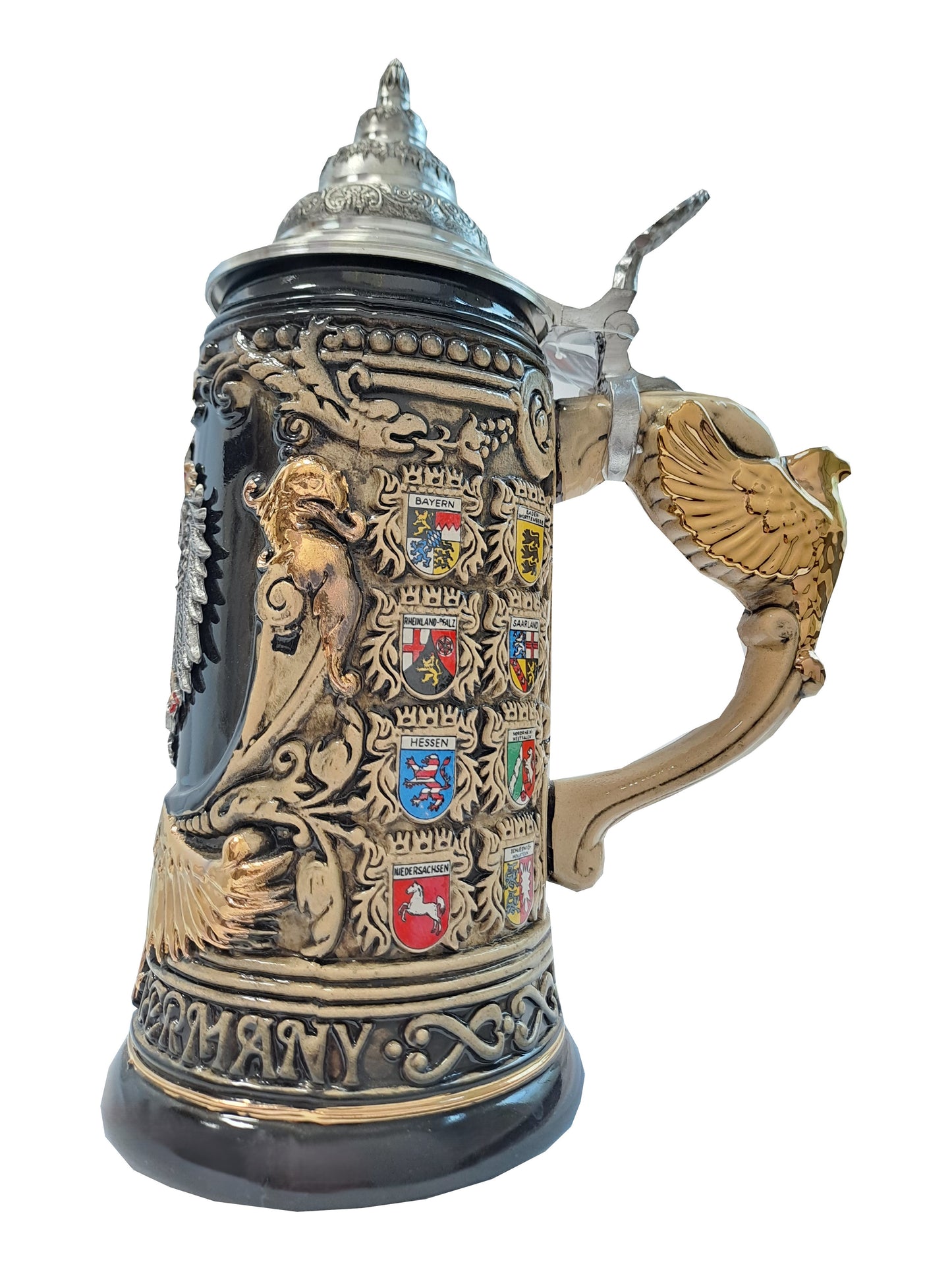 King Bierkrug Schwarz Adlerhenkel mit Bundesländerwappen