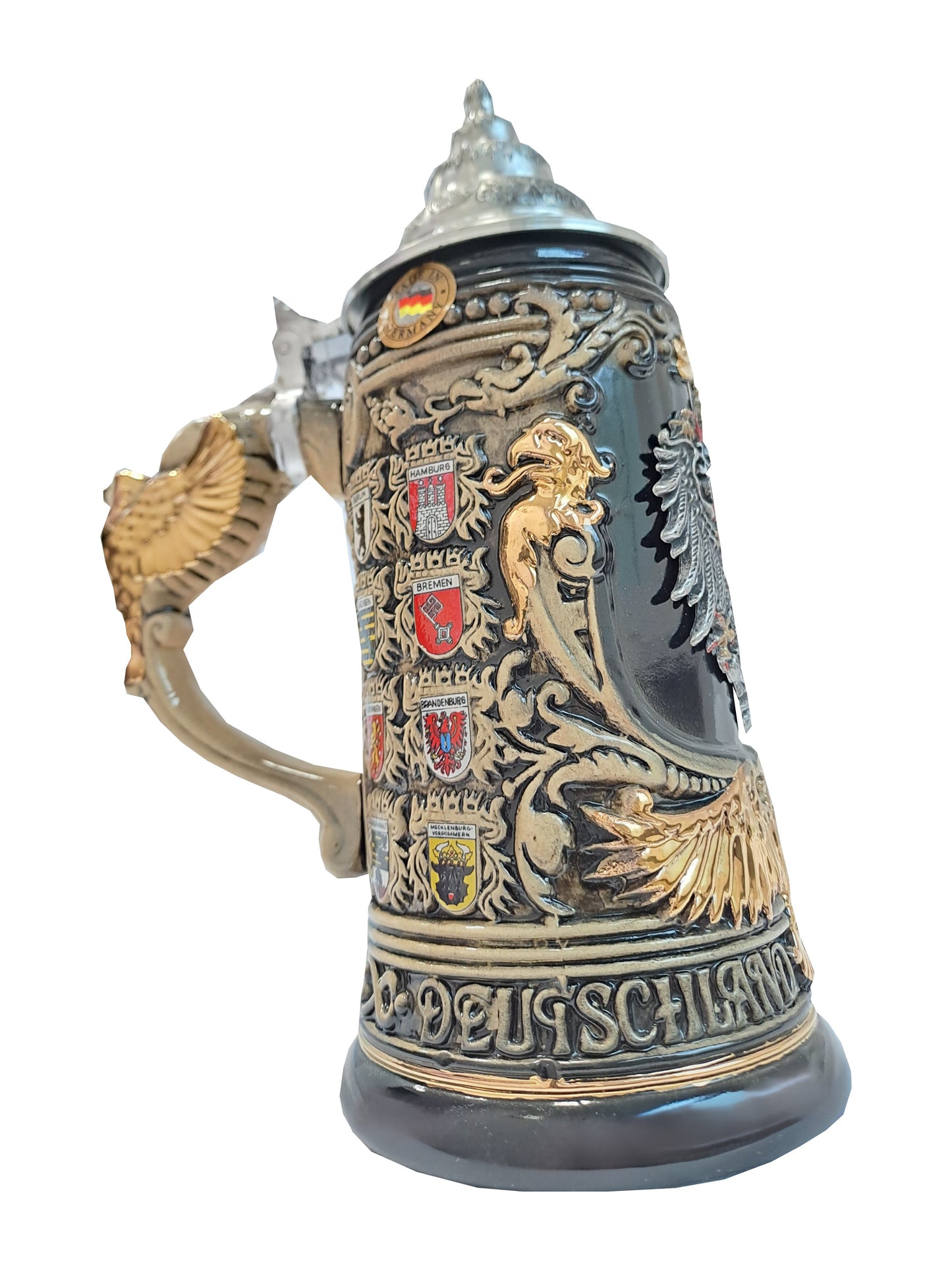 King Bierkrug Schwarz Adlerhenkel mit Bundesländerwappen