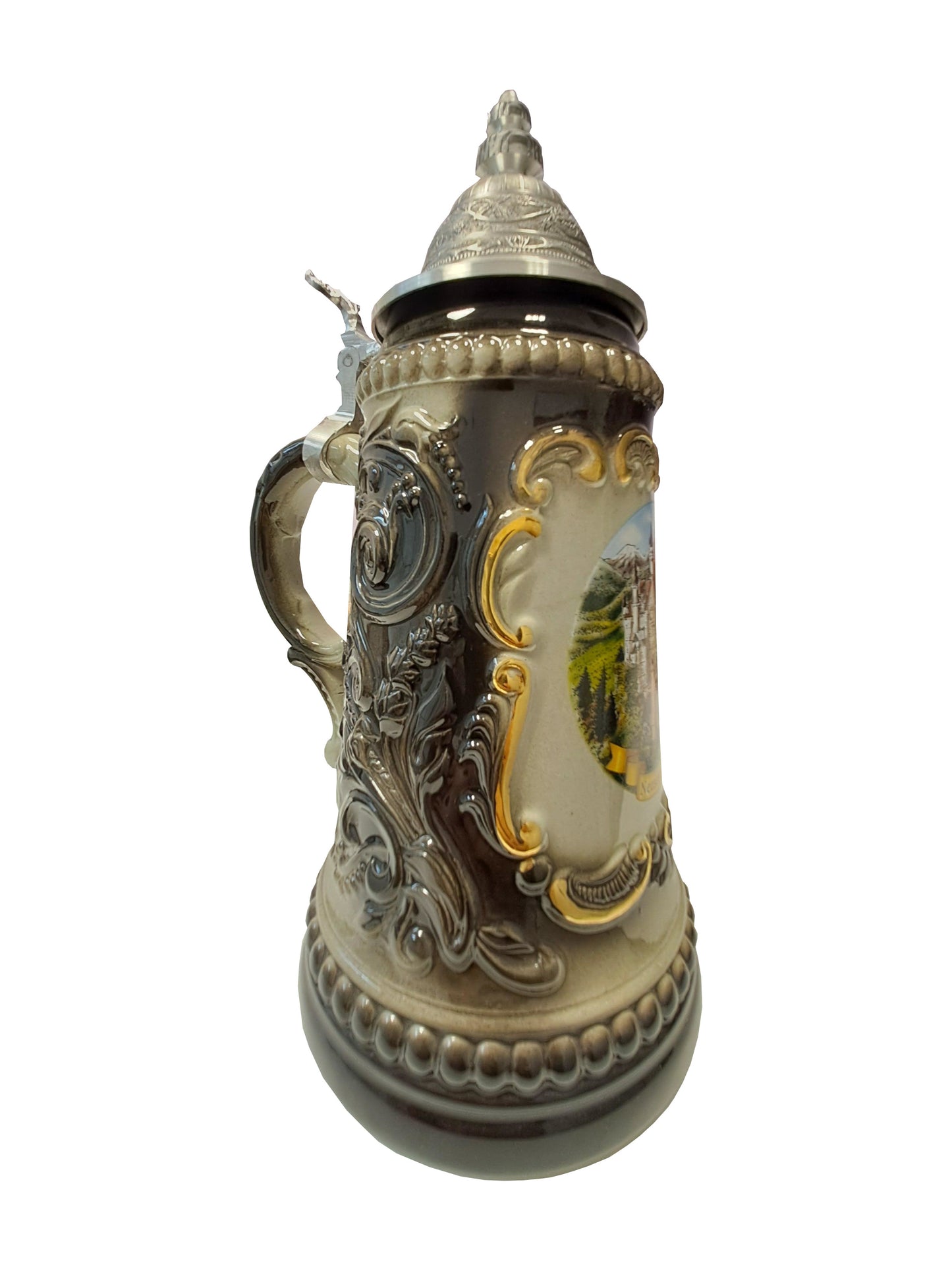 Krug Schloss Neuschwanstein Schwarz-Grau Schildseidel mit Zinndeckel – 250 ml Sammler-Souvenir aus Bayern