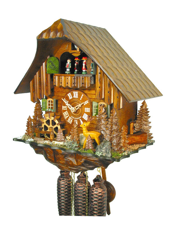 Kuckucksuhr Schwarzwaldhaus Mühlrad Rehbock mit Musik 8-Tag Werk mechanisch