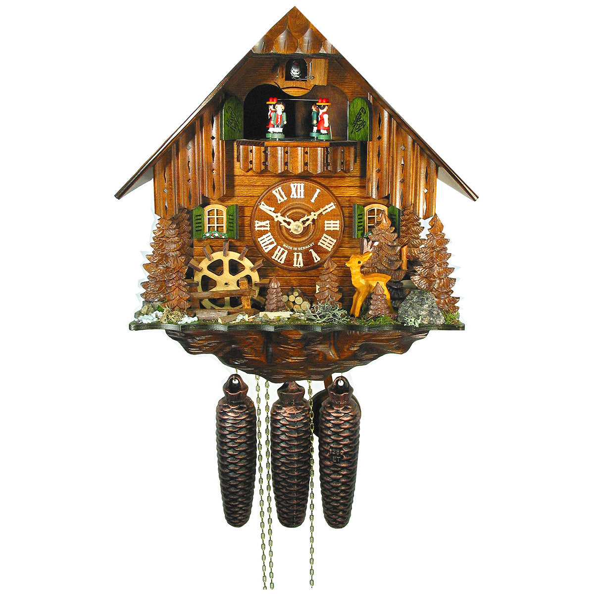 Kuckucksuhr Schwarzwaldhaus Mühlrad Rehbock mit Musik 8-Tag Werk mechanisch