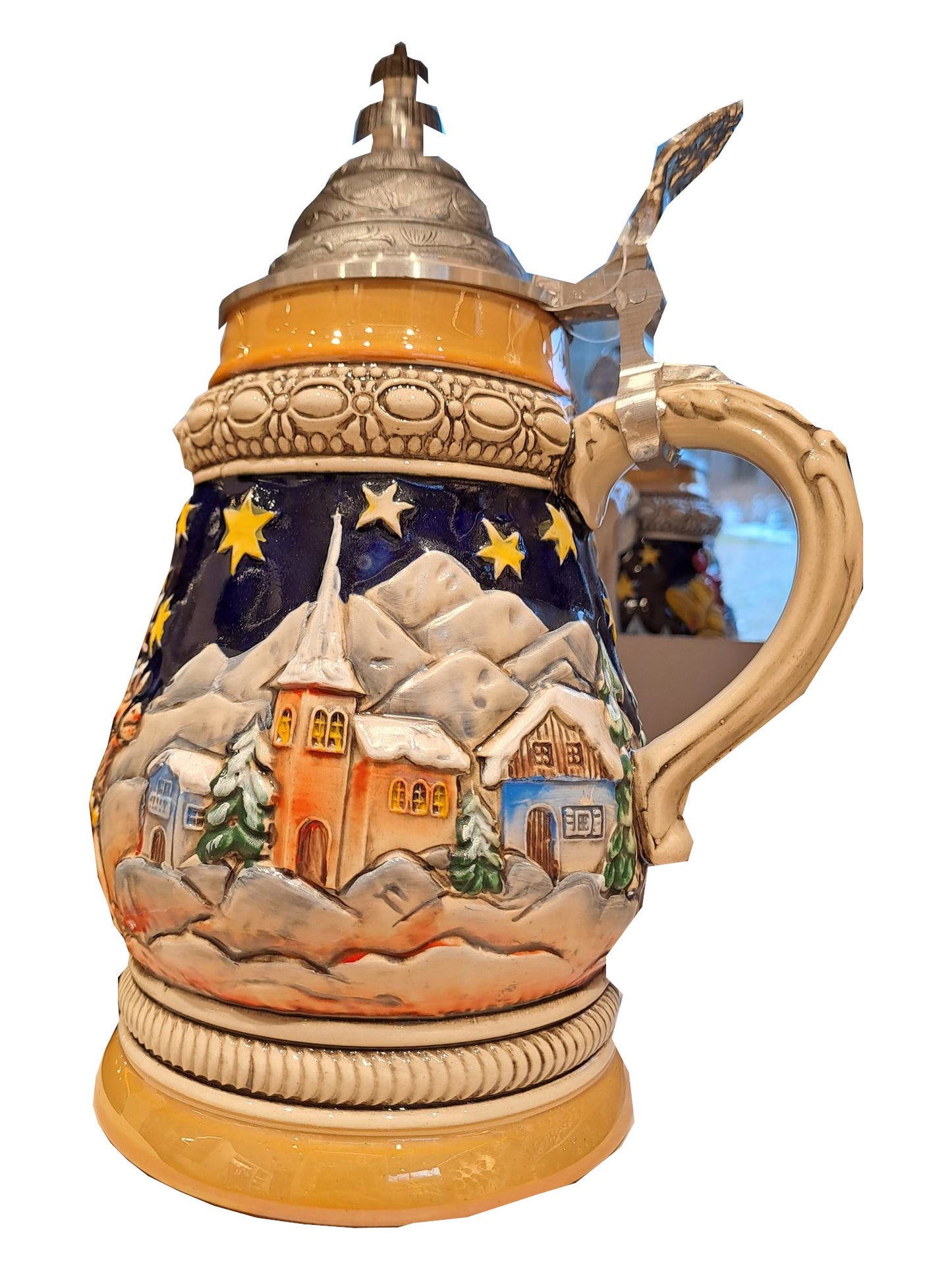 Bierkrug Weihnachten Gold mit speziellem Zinndeckel – Festliche Handwerkskunst