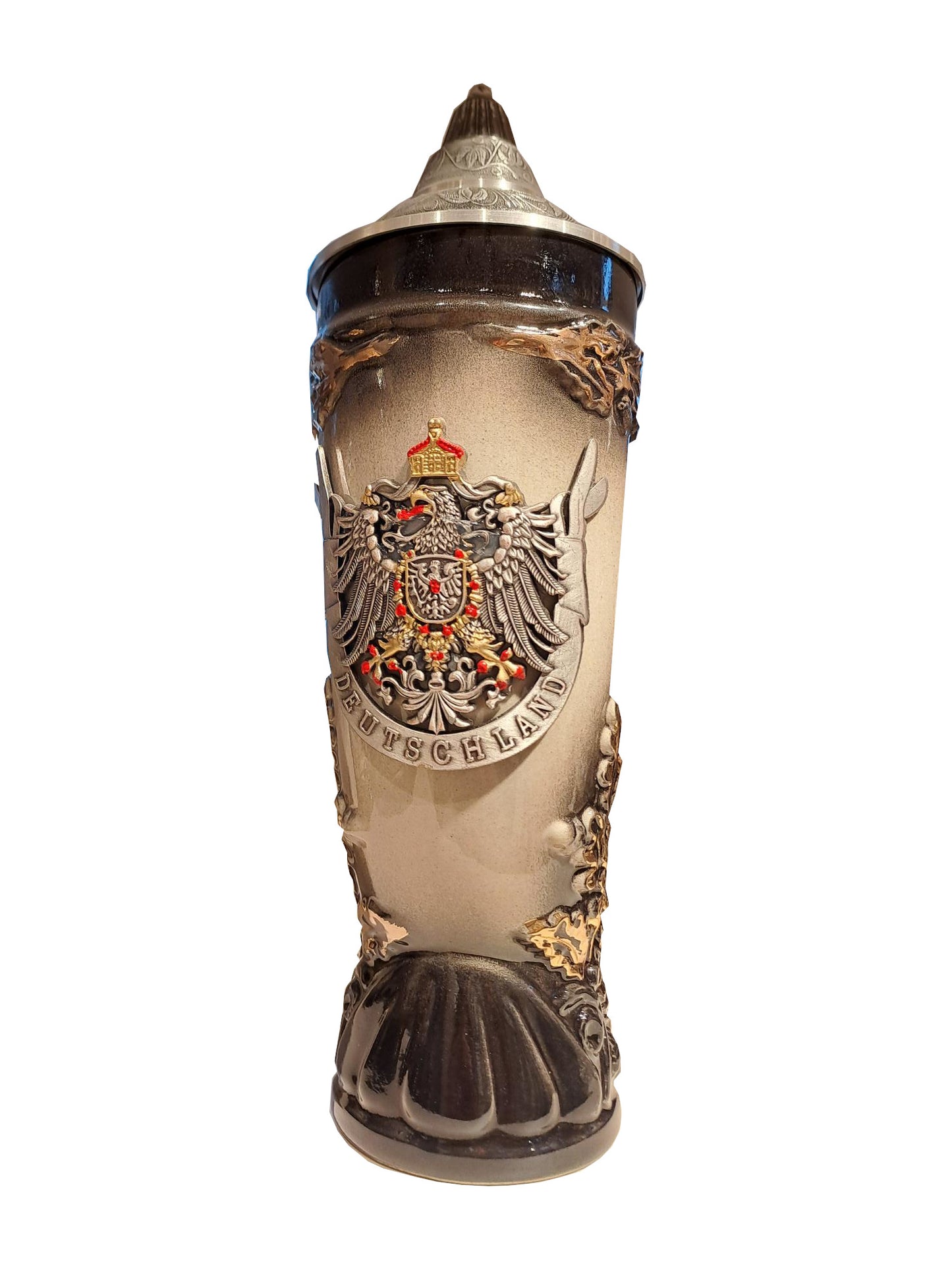 Horn Bierkrug mit Zinnrelief-Adler und speziellem Zinndeckel 400 ml – Traditionelle Handwerkskunst