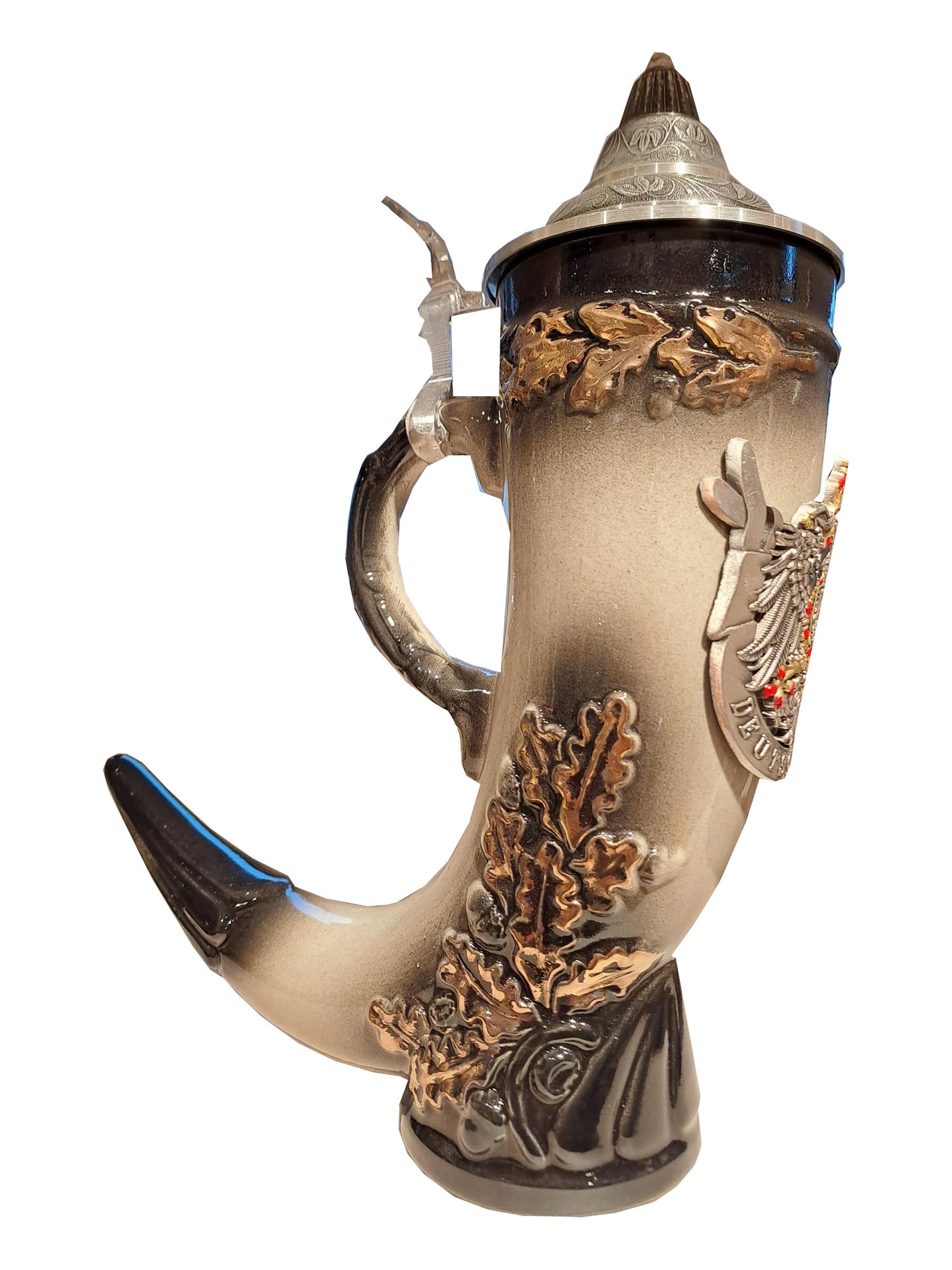 Horn Bierkrug mit Zinnrelief-Adler und speziellem Zinndeckel 400 ml – Traditionelle Handwerkskunst