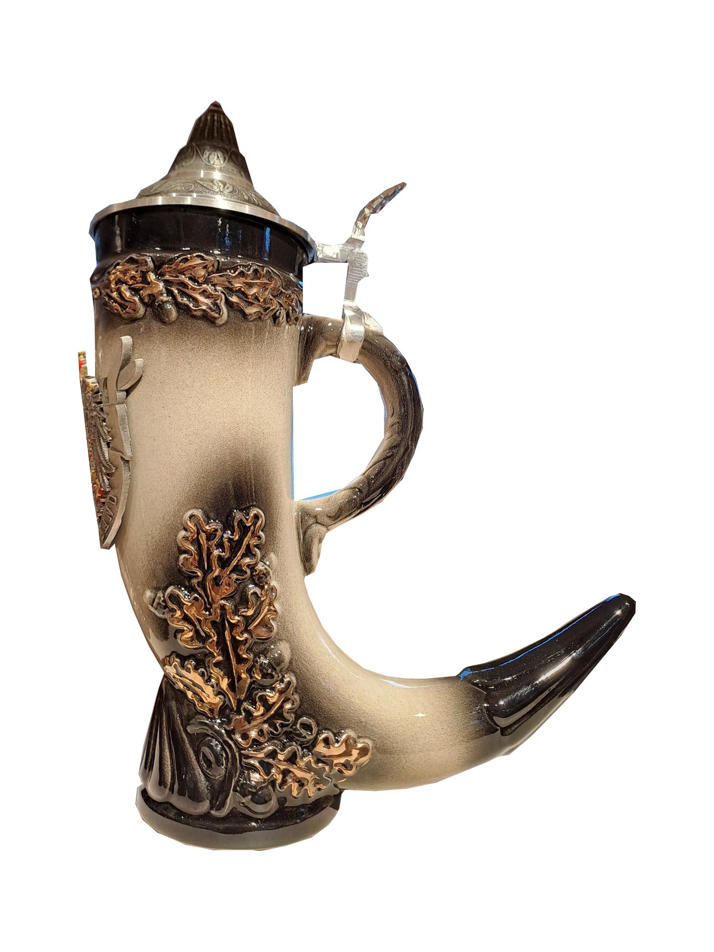 Horn Bierkrug mit Zinnrelief-Adler und speziellem Zinndeckel 400 ml – Traditionelle Handwerkskunst