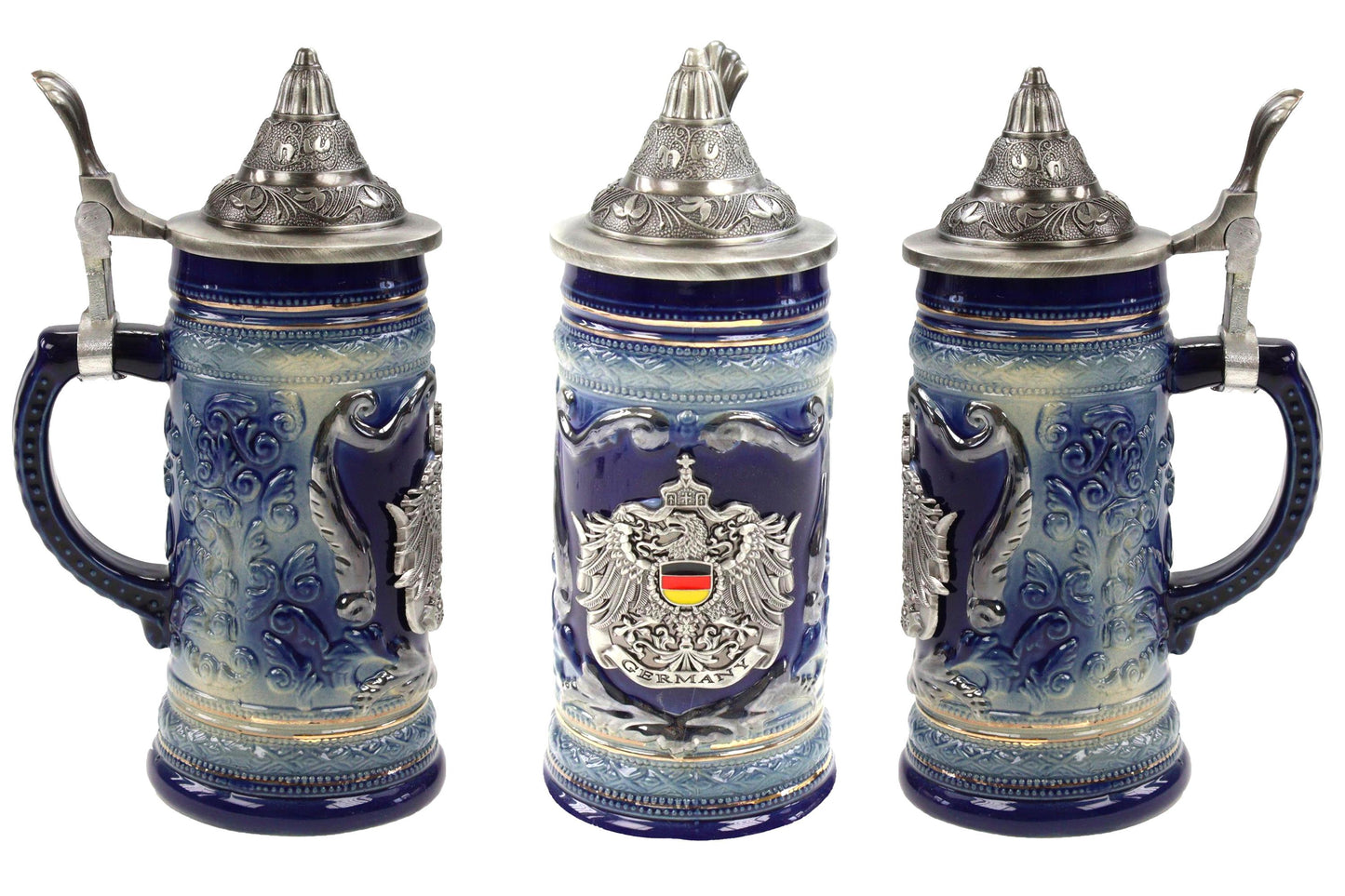 Bierkrug Deutschland Blau mit Metallwappen & Zinndeckel – 50 ml Sammlerkrug im Allgäu Online Shop