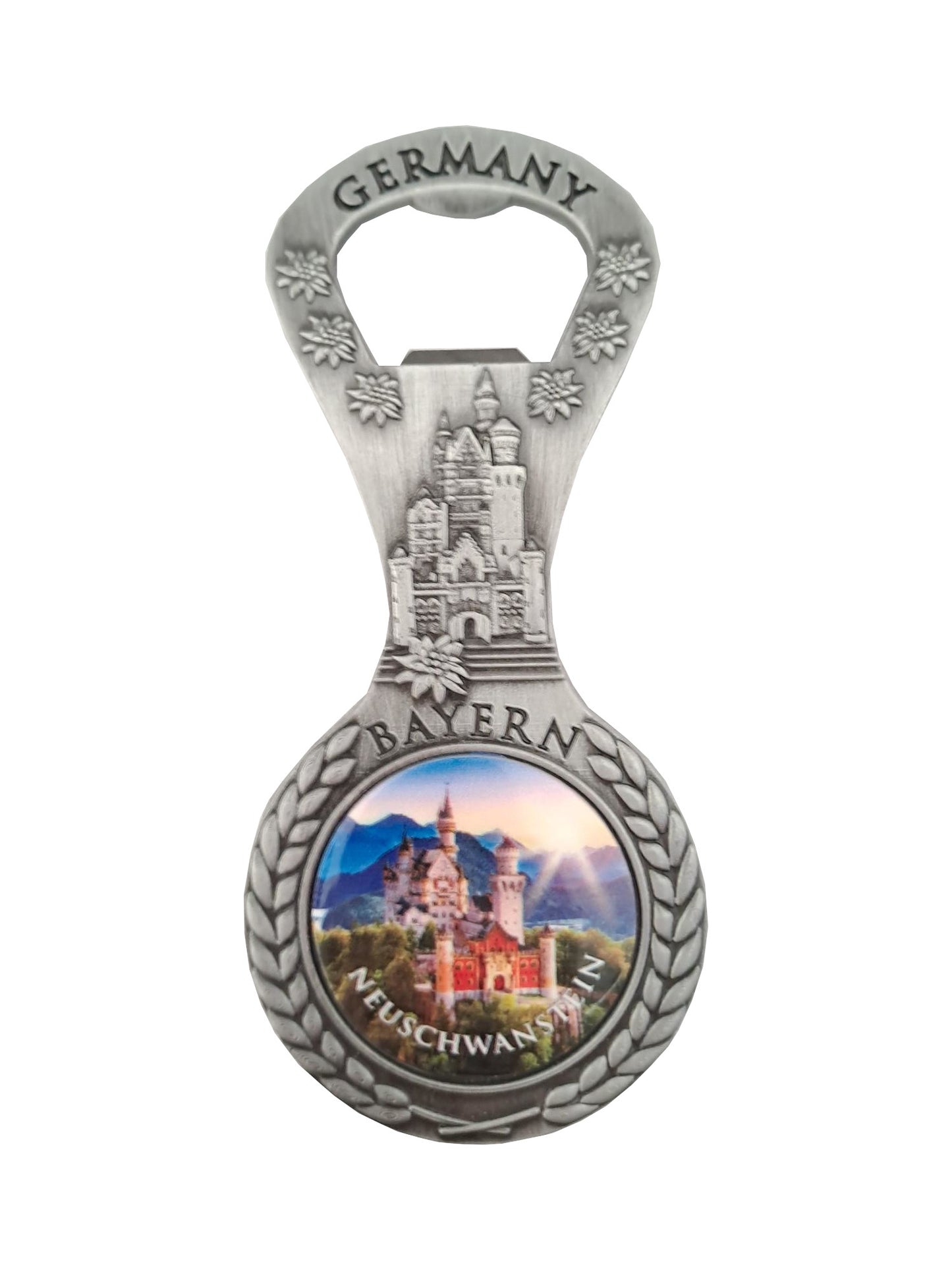 Magnet Flaschenöffner Schloss Neuschwanstein mit Sonnenmotiv und Germany-Schriftzug