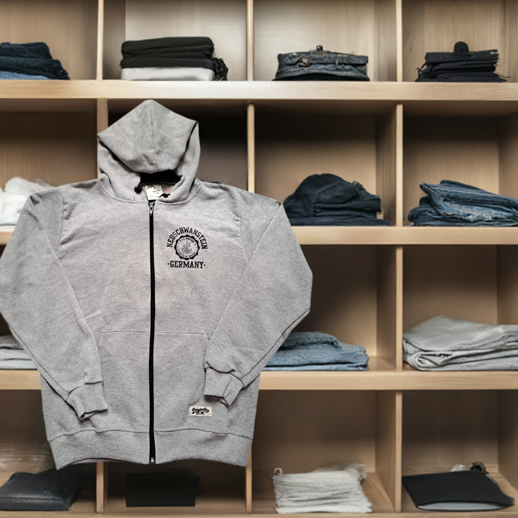 Hoodie mit Reißverschluss Schloss Neuschwanstein – Vigore Grau | Bayern Souvenir