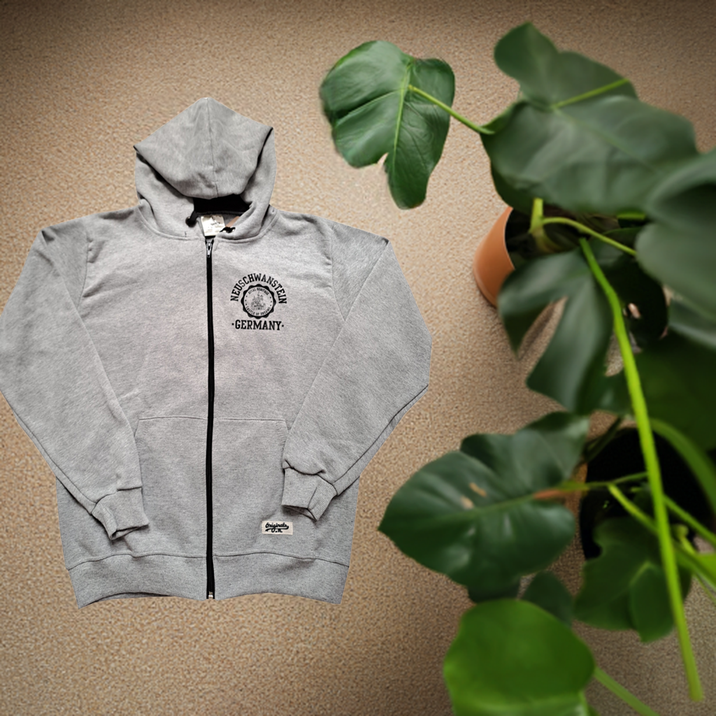Hoodie mit Reißverschluss Schloss Neuschwanstein – Vigore Grau | Bayern Souvenir