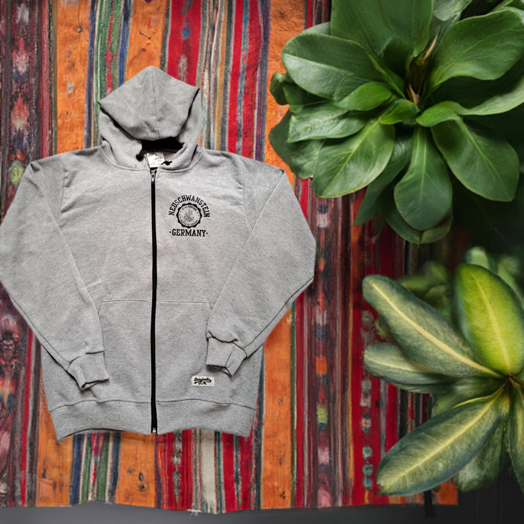 Hoodie mit Reißverschluss Schloss Neuschwanstein – Vigore Grau | Bayern Souvenir