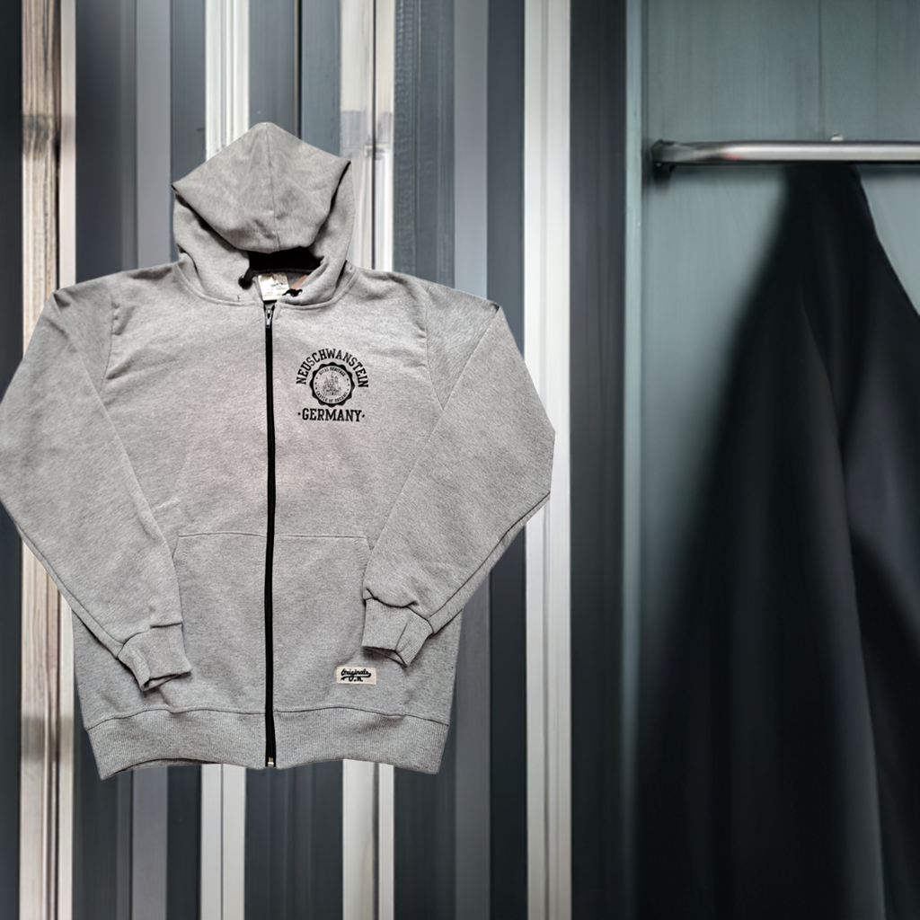 Hoodie mit Reißverschluss Schloss Neuschwanstein – Vigore Grau | Bayern Souvenir