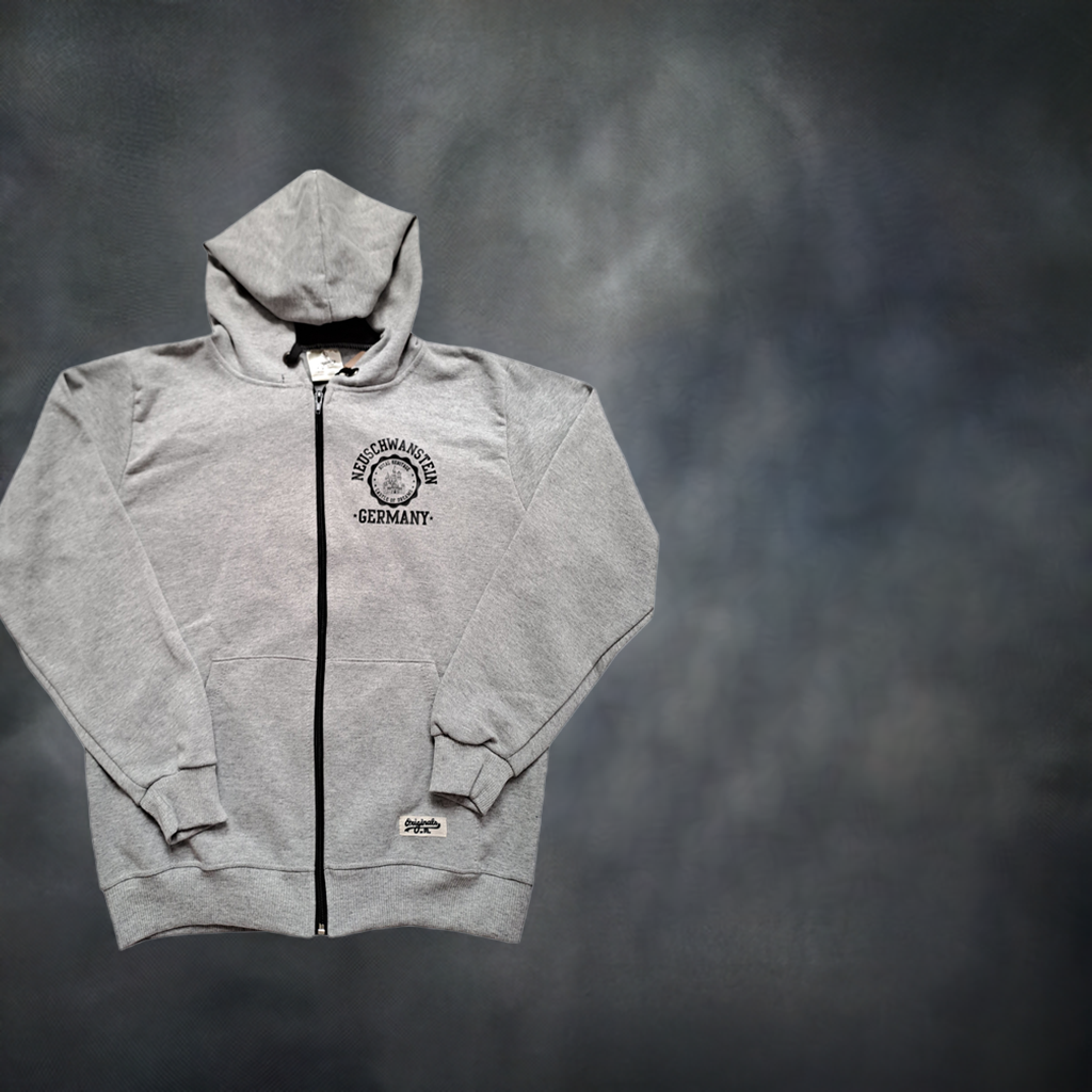 Hoodie mit Reißverschluss Schloss Neuschwanstein – Vigore Grau | Bayern Souvenir