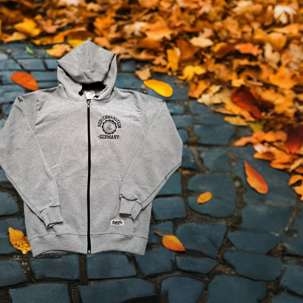 Hoodie mit Reißverschluss Schloss Neuschwanstein – Vigore Grau | Bayern Souvenir