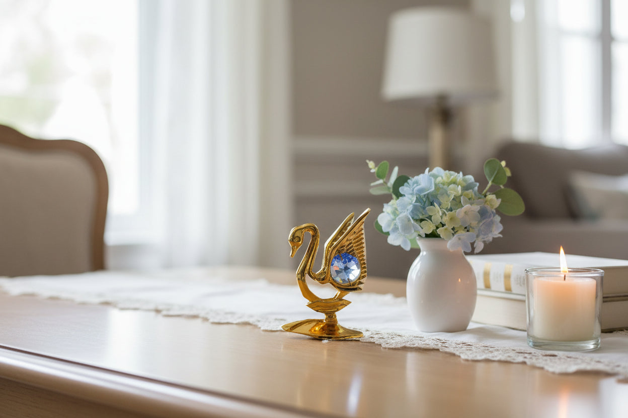 Schwan Deko Gold mit blauem Kristall – Elegante Geschenkidee