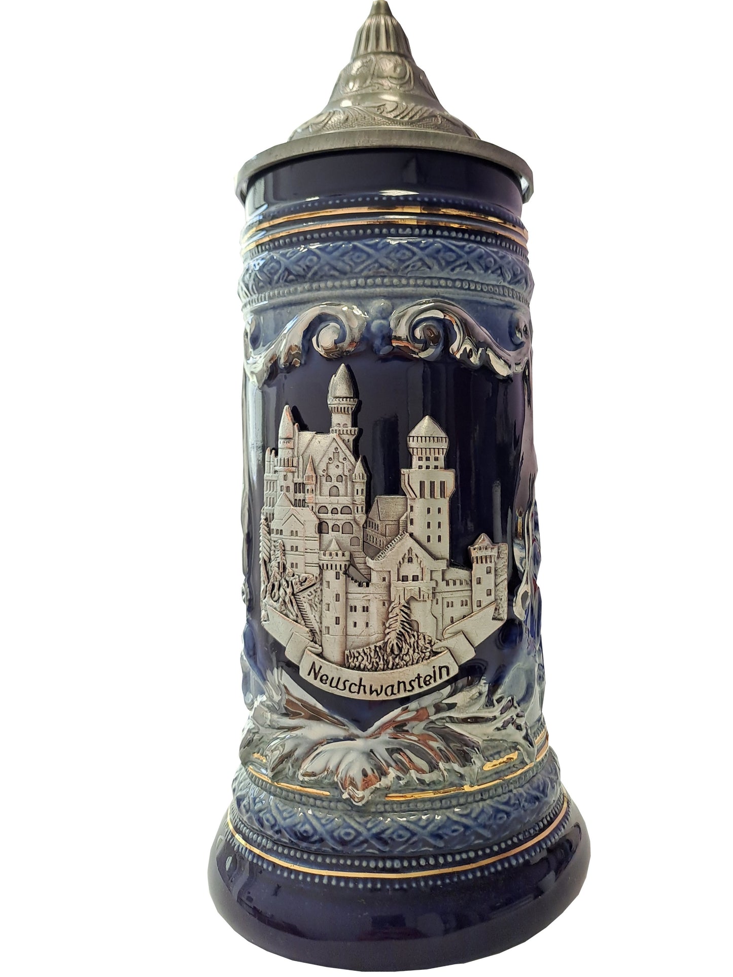 Schloss Neuschwanstein Krug Blau mit Heraldik und Zinndeckel – 500ml Sammlerkrug