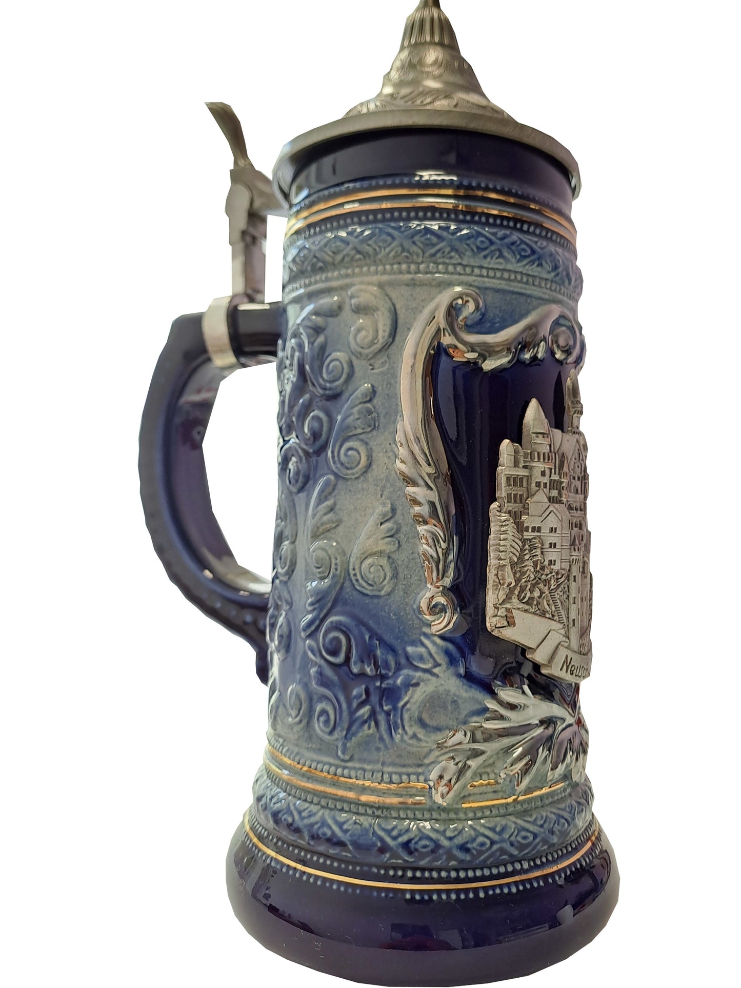 Schloss Neuschwanstein Krug Blau mit Heraldik und Zinndeckel – 500ml Sammlerkrug