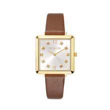 Lade das Bild in den Galerie-Viewer, Armbanduhr Damen Iconic Square Gold White Sunray Armband Leder Classy Braun
