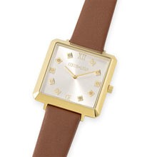Lade das Bild in den Galerie-Viewer, Armbanduhr Damen Iconic Square Gold White Sunray Armband Leder Classy Braun
