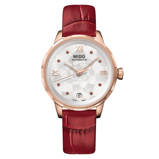 MIDO Armbanduhr Rainflower M043.207.36.118.00 – Automatik Damenuhr mit Rubinen & Perlmutt