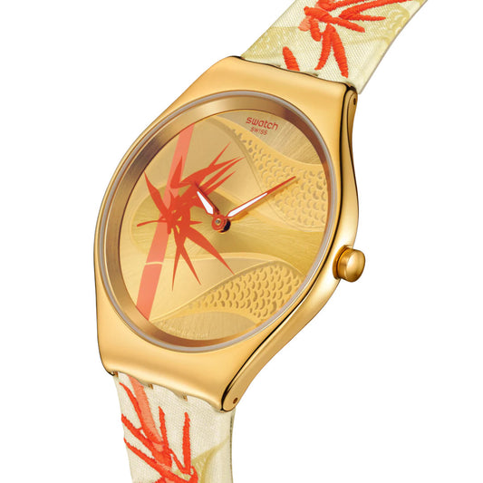 SWATCH Golden Red Bamboo SYXZ105 – Stylische Unisex Armbanduhr für Kinder, Teenager & Erwachsene