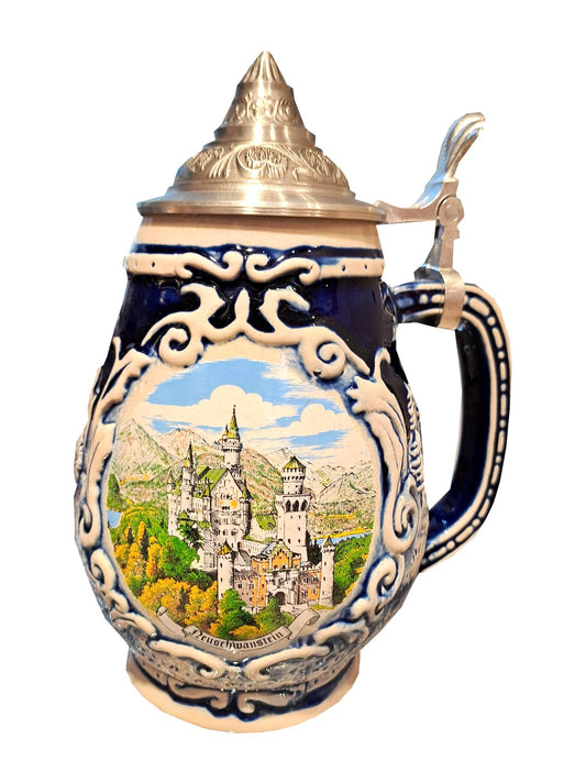 Krug Schloss Neuschwanstein blau Mühle gross mit Spitzdeckel 26942 – 300 ml Sammler-Souvenir aus Bayern