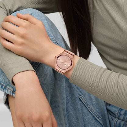 SWATCH Armbanduhr SECRET MOVES YIG402 – Automatik, Roségold & Beigefarben