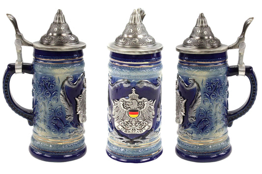 Bierkrug Deutschland Blau mit Metallwappen & Zinndeckel – 50 ml Sammlerkrug im Allgäu Online Shop