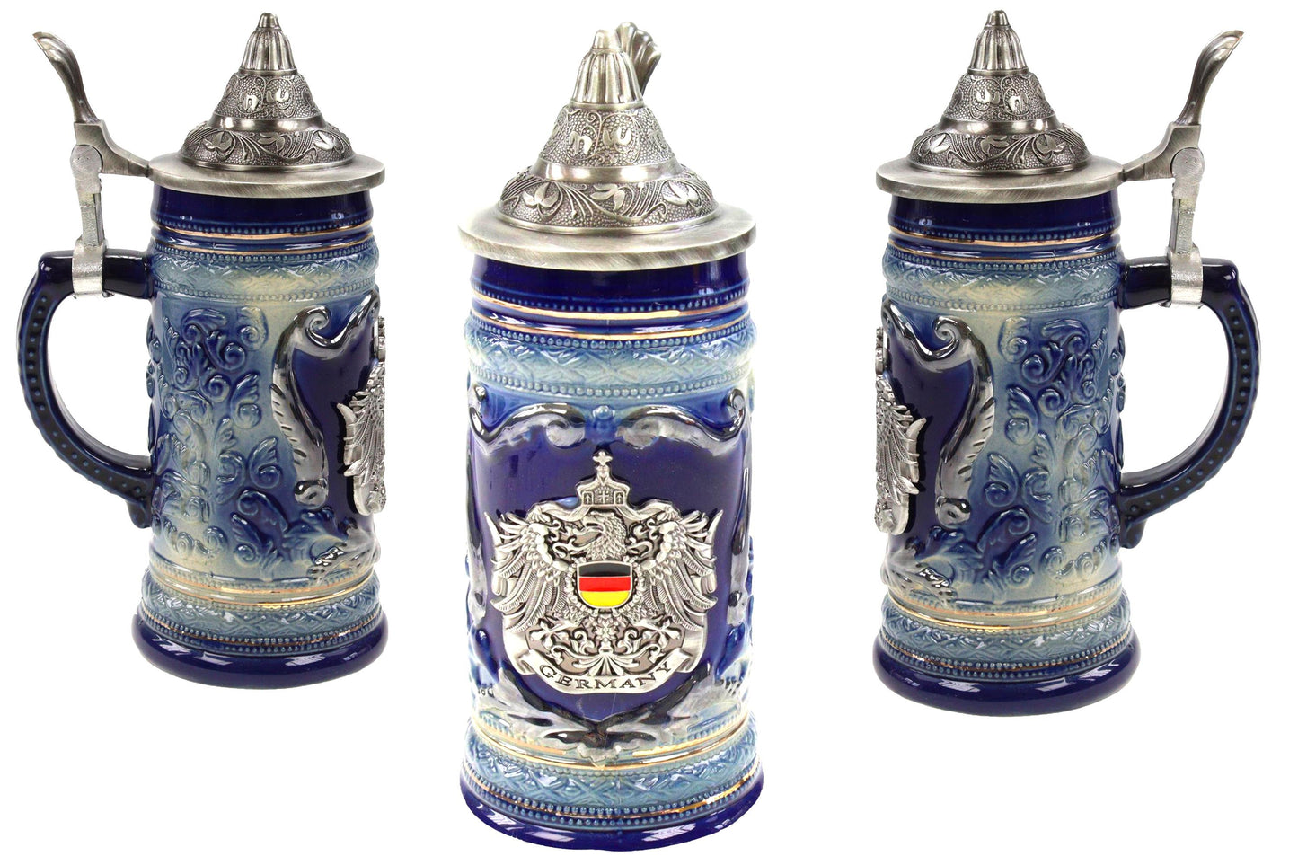 Bierkrug Deutschland Blau mit Metallwappen & Zinndeckel – 250 ml Sammlerkrug im Allgäu Online Shop