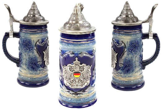 Bierkrug Deutschland Blau mit Metallwappen & Zinndeckel – 250 ml Sammlerkrug im Allgäu Online Shop