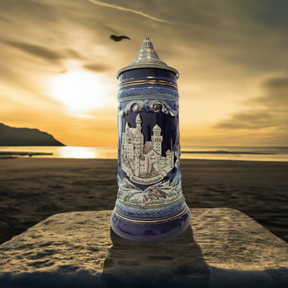 Schloss Neuschwanstein Krug Blau mit Heraldik und Zinndeckel – 500ml Sammlerkrug